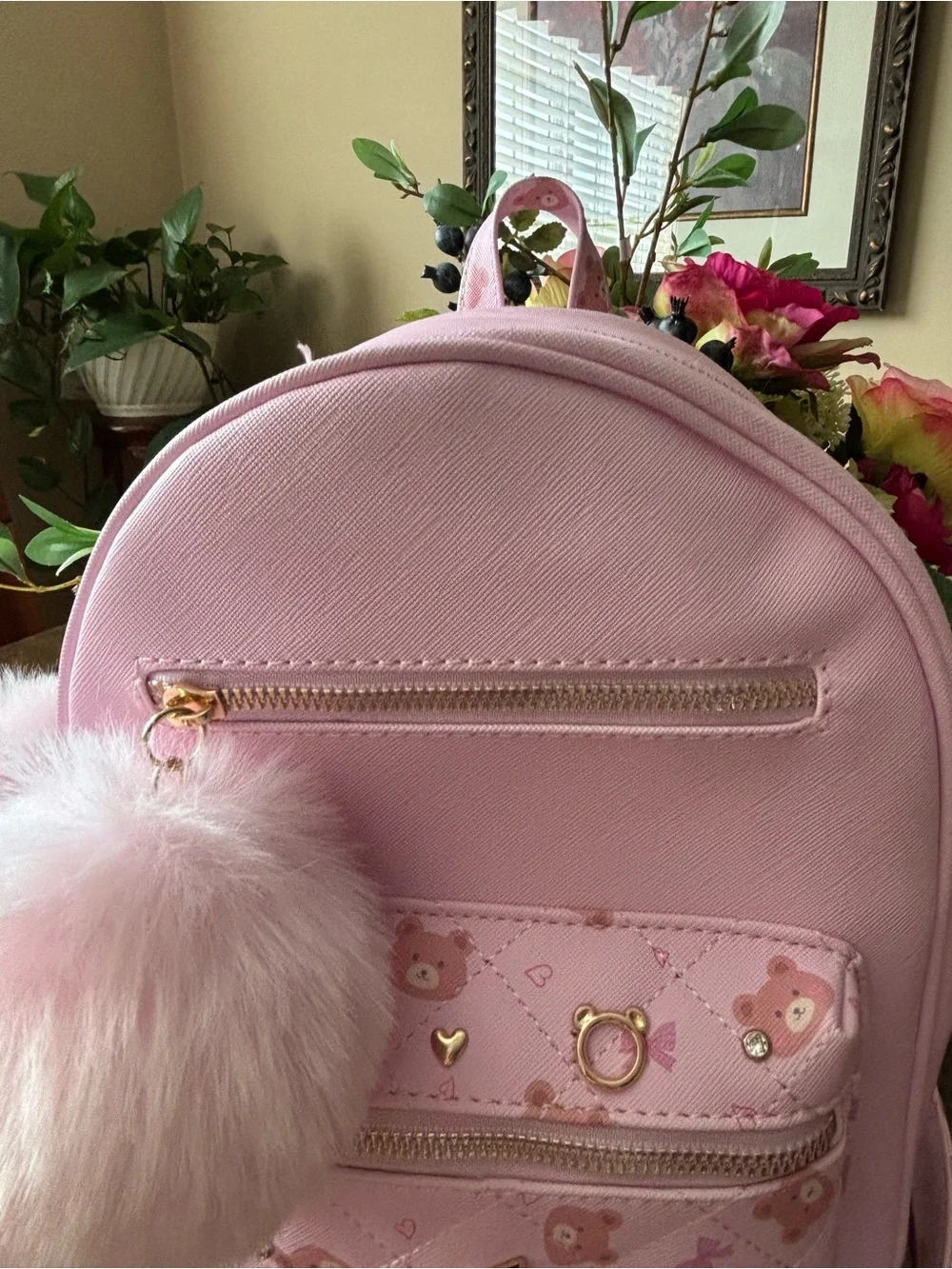 Under One Sky Light Pink Mini Backpack with Faux Fur Pom Pom and Gold Accents